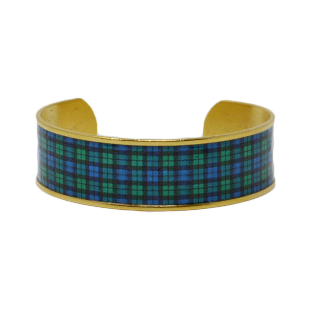 This beautiful patterned cuff is filled with black watch plaid set in your choice of antiqued 24k gold or .999 fine silver plated brass.