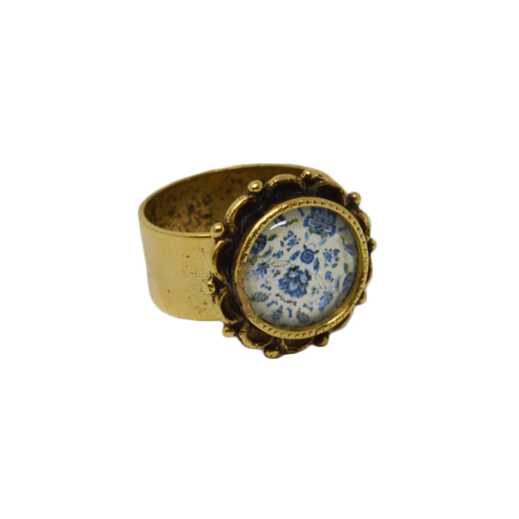 New England Blue Floral Adjustable Ornate Ring