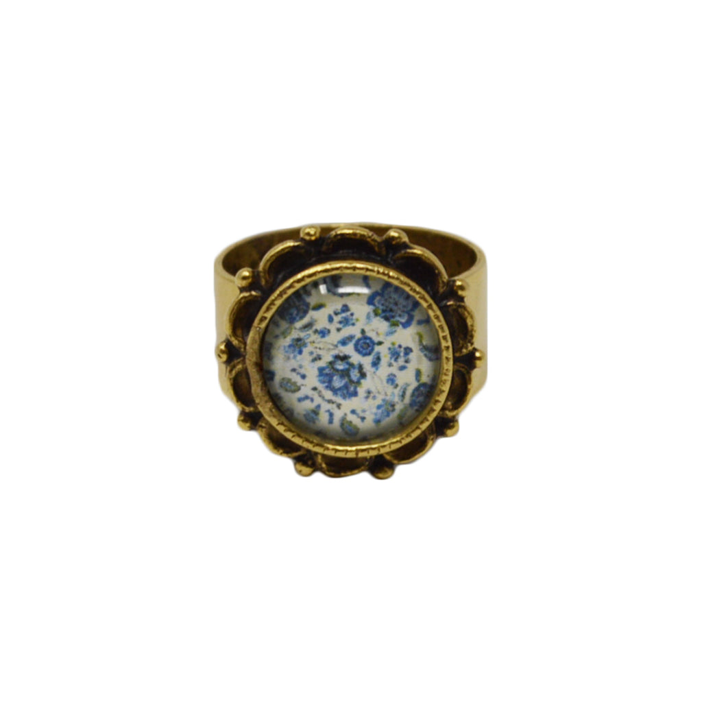 New England Blue Floral Adjustable Ornate Ring