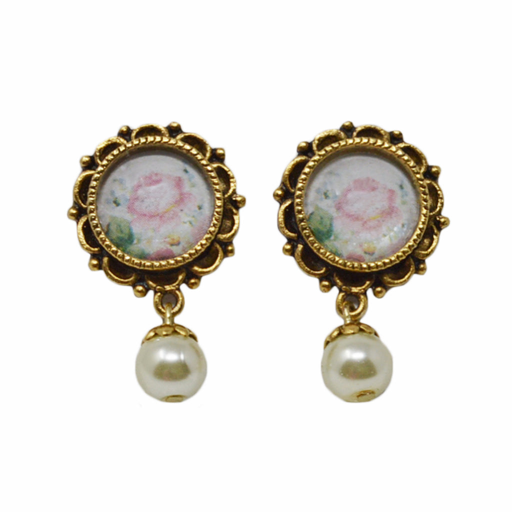 Ornate Feminine Floral Drop Pearl Earrings