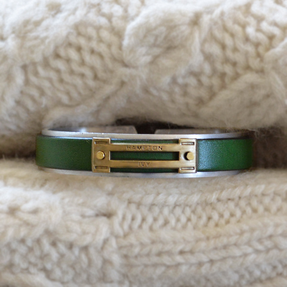 Men's Green Leather & Silver Metal Cuff Bracelet