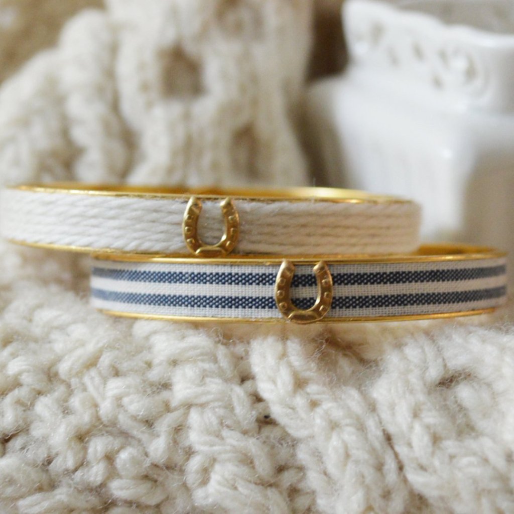 Cream Cashmere & Fabric Navy Stripes Bangle Bracelets