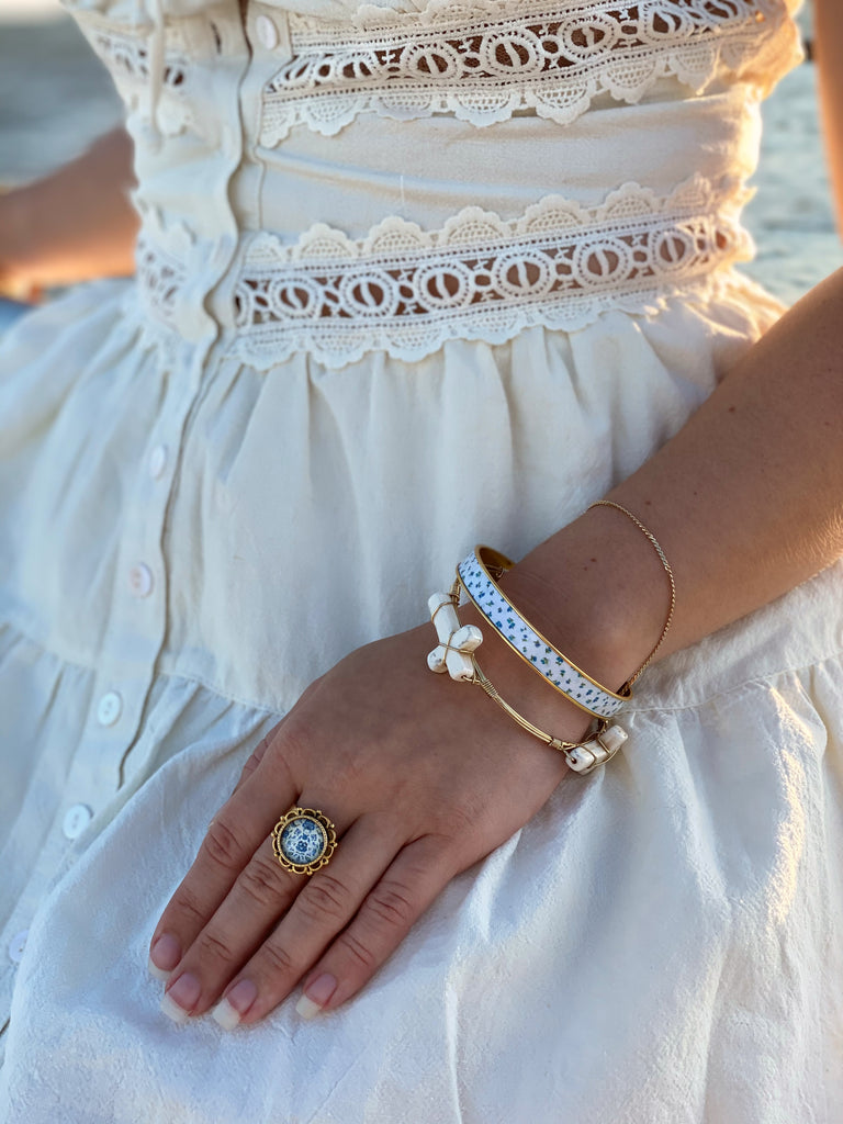 Sweet Blue Floral Bangle Bracelet