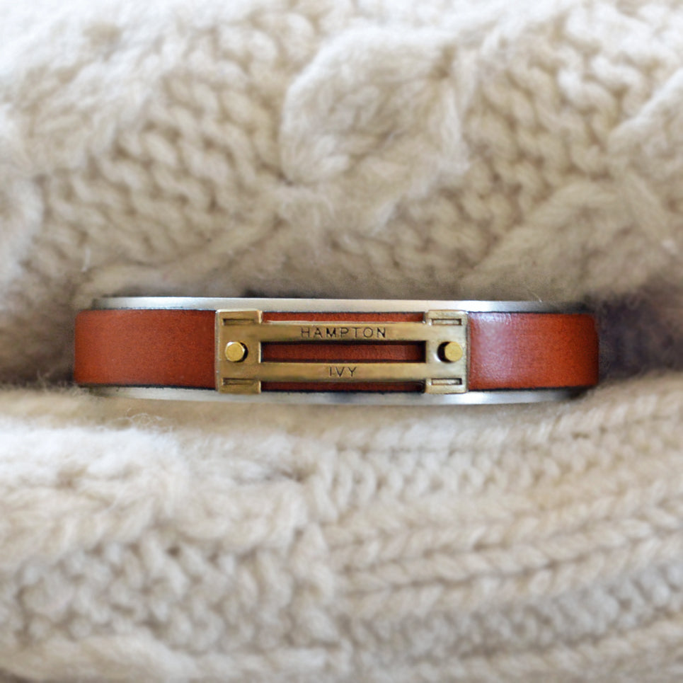 Men’s Orange Leather & Silver Metal Cuff Bracelet