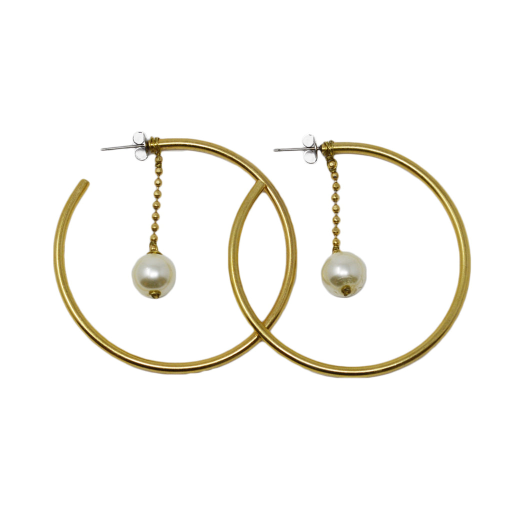 Antiqued Gold Pearl Drop Large Hoop Earrings