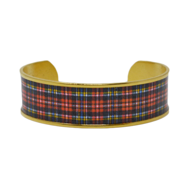 This beautiful handmade patterned cuff is filled with red and black plaid set in your choice of antiqued 24k gold or .999 fine silver plated brass.