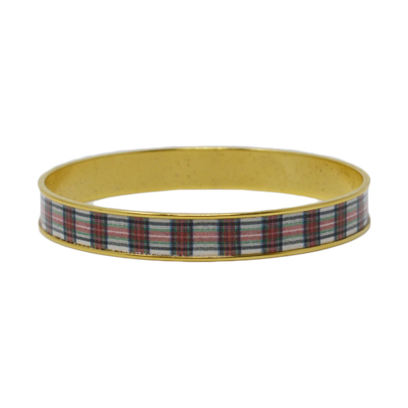 This beautiful patterned bangle is filled with stewart plaid set in your choice of antiqued 24k gold or .999 fine silver plated brass.